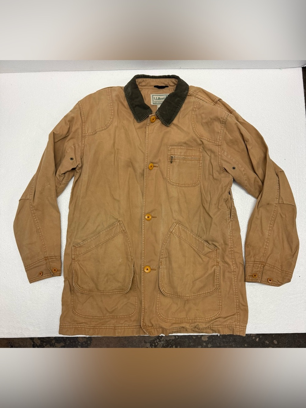 Large Tall Men's L.L.Bean Barn Coat 187060 Tan Canvas Plaid Lined Field Jacket